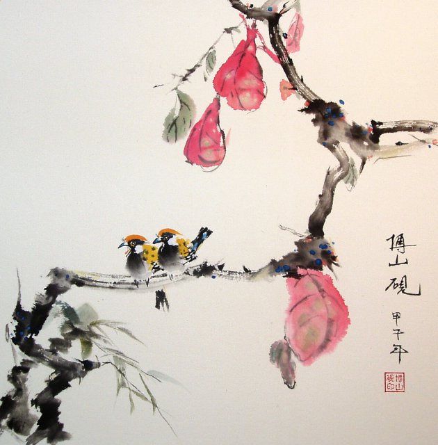 20141206花鸟秋枝红叶，画框50x50厘米，画芯42x42厘米.jpg